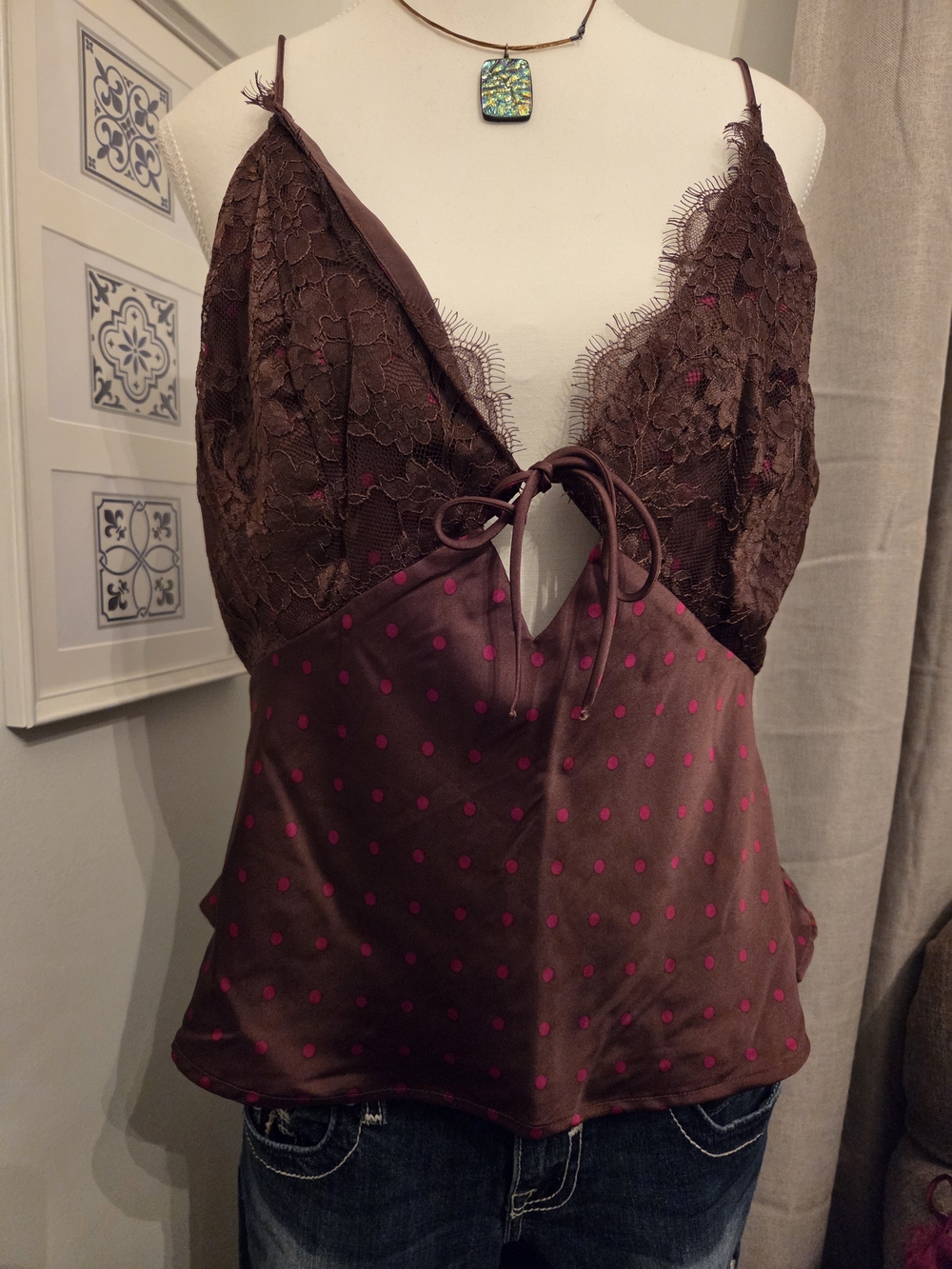 NWT Abercrombie & Fitch Brown Satin Lace Cup Bra-Free Cami w Red Polka Dots